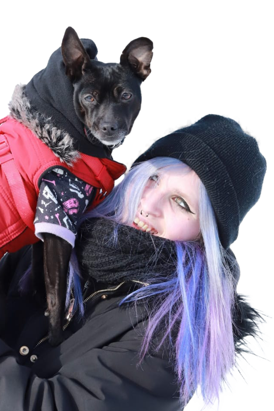 Gemma con un cane ospite, in abbigliamento invernale